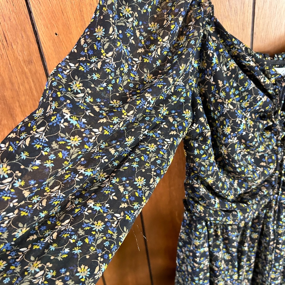 Petal + Pup Floral Maxi Dress Blue Yellow Ruched Tie Front Long Sleeve Size Boho - Picture 5 of 9